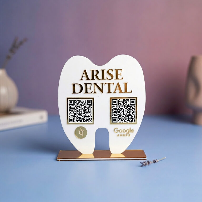 ustomized tooth shape dental QR standee with Google review QR and payment QR for clinic