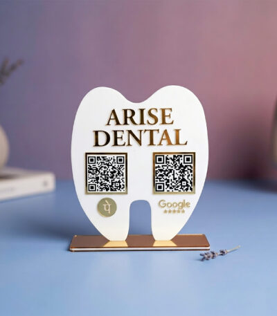 ustomized tooth shape dental QR standee with Google review QR and payment QR for clinic