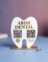 ustomized tooth shape dental QR standee with Google review QR and payment QR for clinic