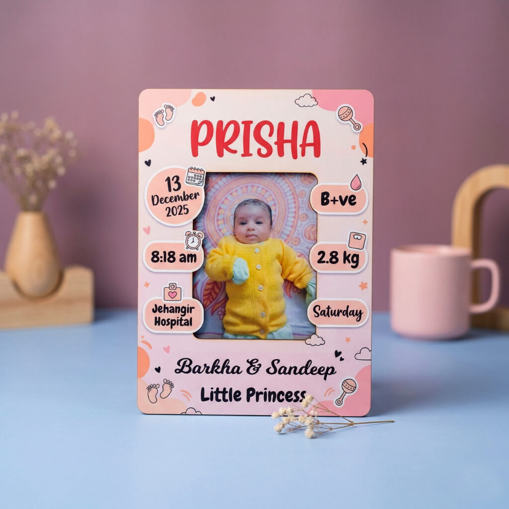 Customized baby birth memory MDF frame with baby photo and birth details