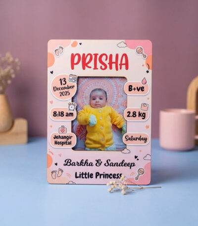 Customized baby birth memory MDF frame with baby photo and birth details