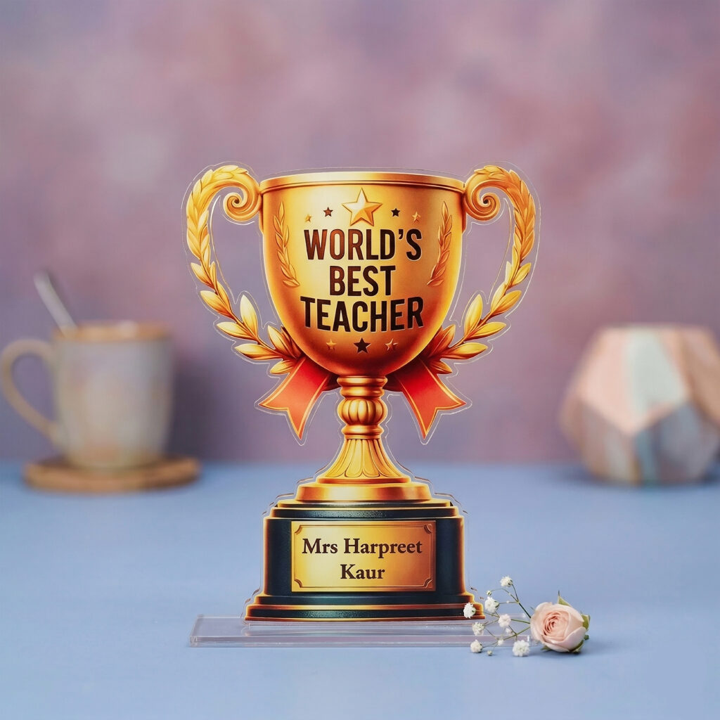Customized acrylic trophy with UV printed golden award design and personalized name text
