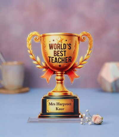 Customized acrylic trophy with UV printed golden award design and personalized name text