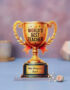 Customized acrylic trophy with UV printed golden award design and personalized name text