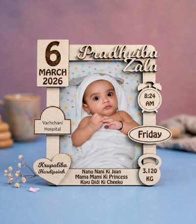 Customized newborn baby birth details MDF photo frame with name, date, time and weight