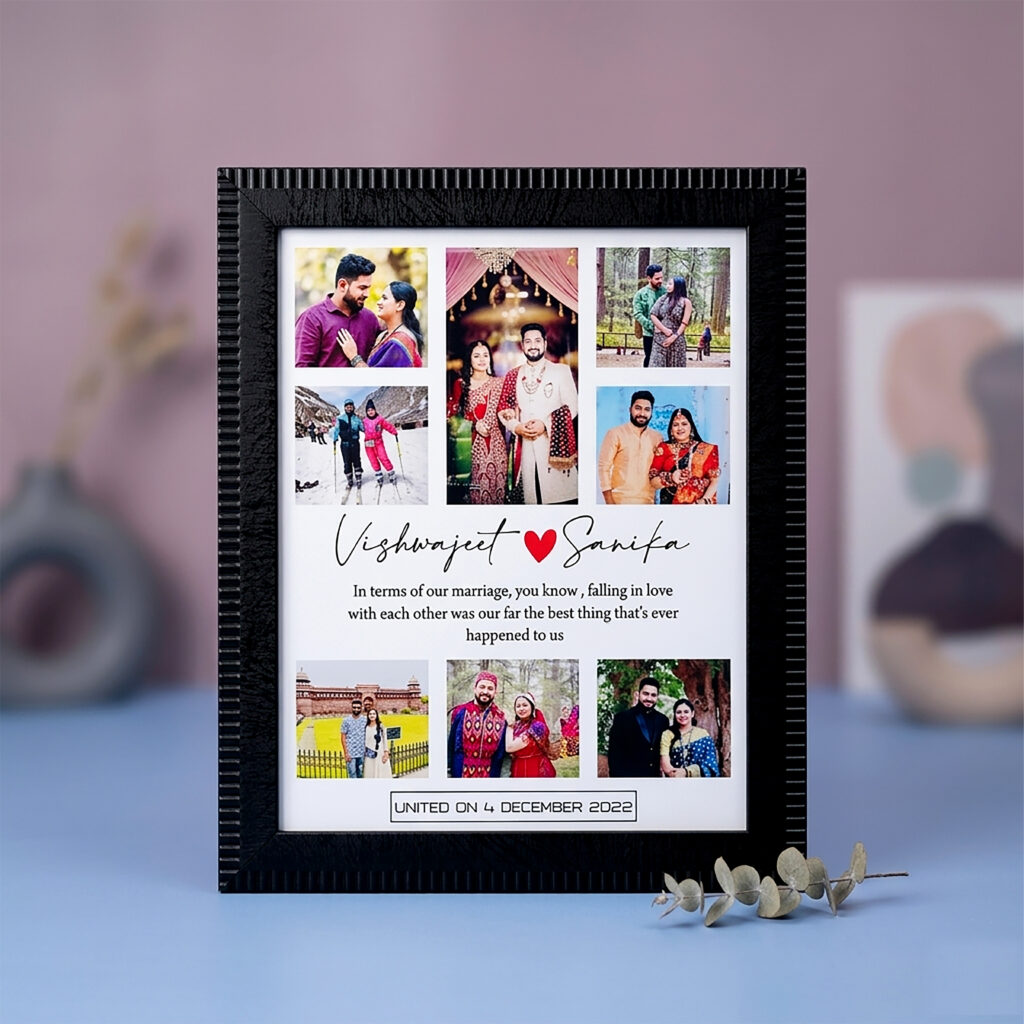 Customized anniversary collage photo frame with couple memories and personalized names