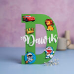 Customized kids initial letter wall hanging with acrylic name and cartoon characters