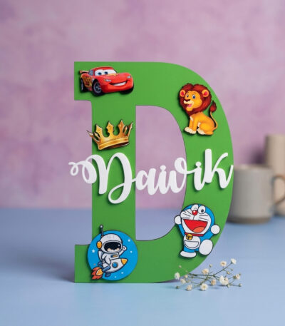 Customized kids initial letter wall hanging with acrylic name and cartoon characters