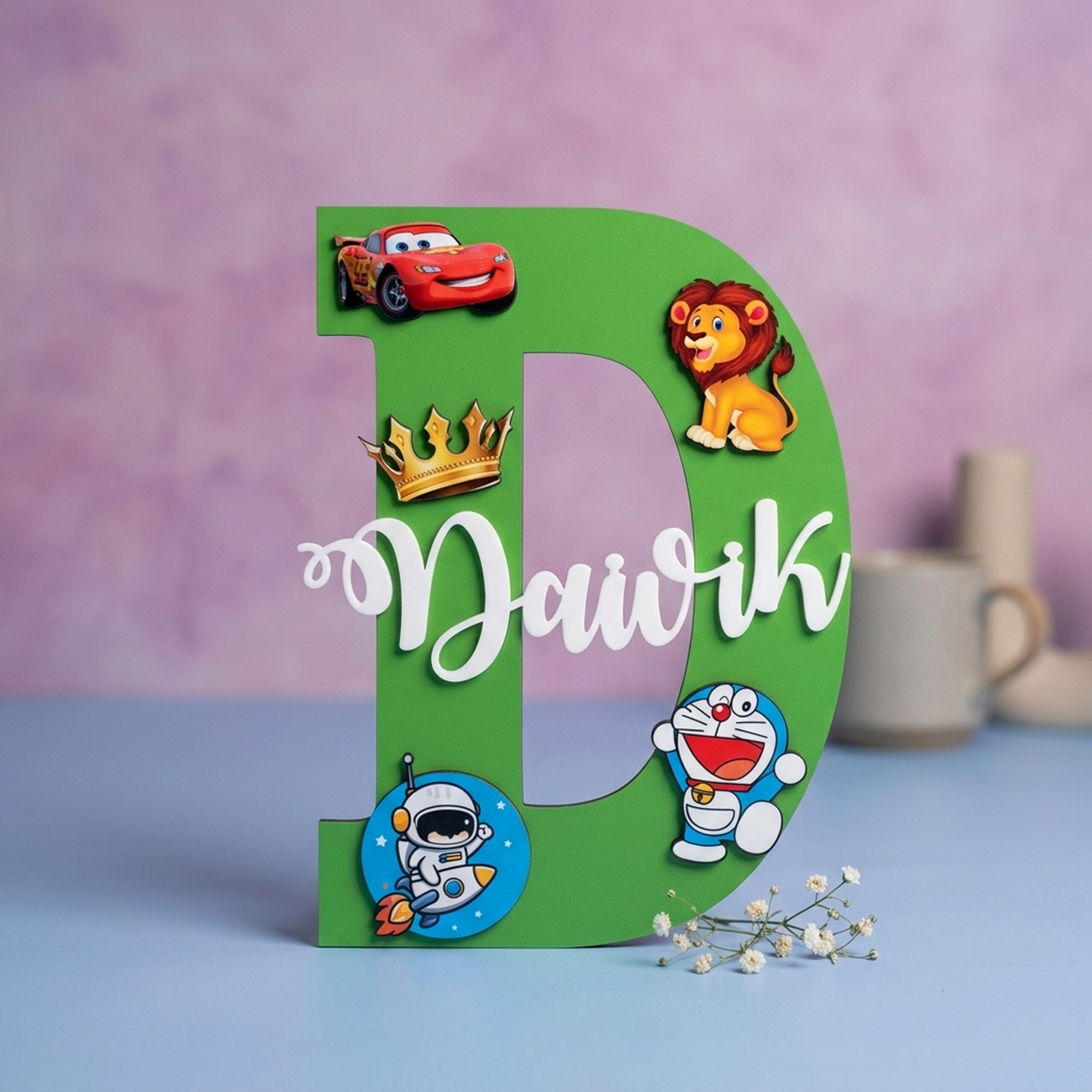 D initial Customized kids initial letter wall hanging with acrylic name and cartoon characters