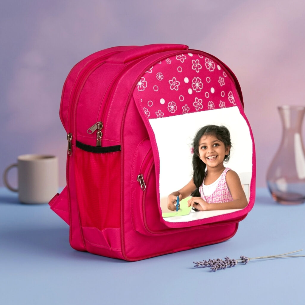 Customized pink kids school bag with child photo printed on front pocket