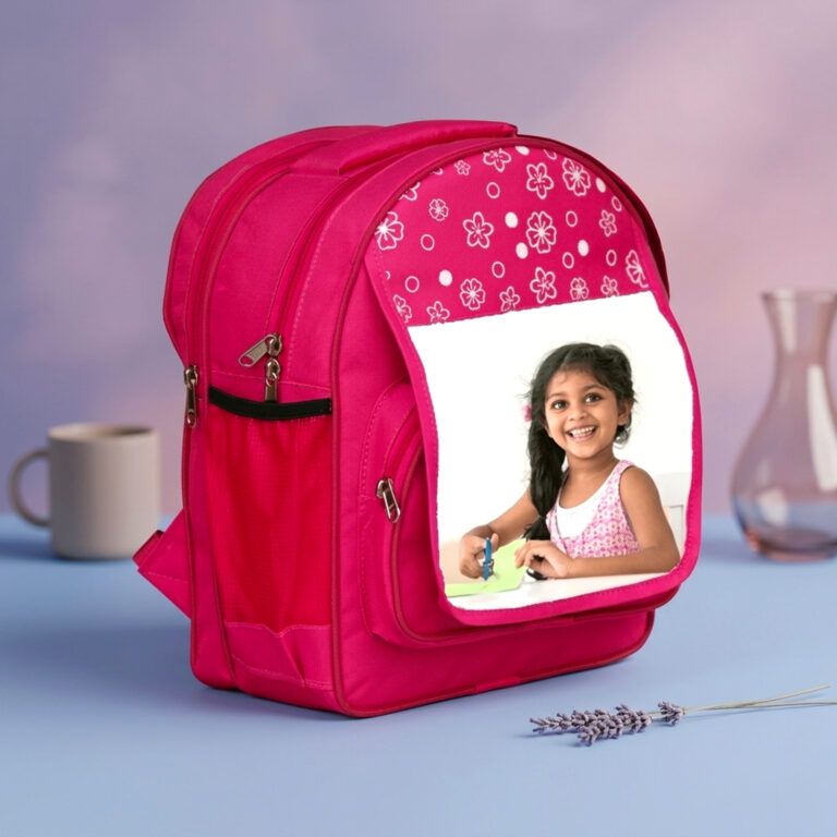 Customized pink kids school bag with child photo printed on front pocket