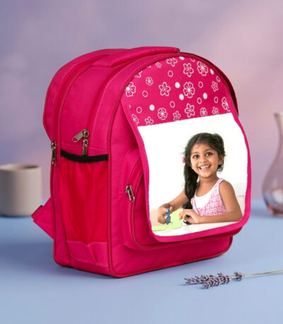 Customized pink kids school bag with child photo printed on front pocket