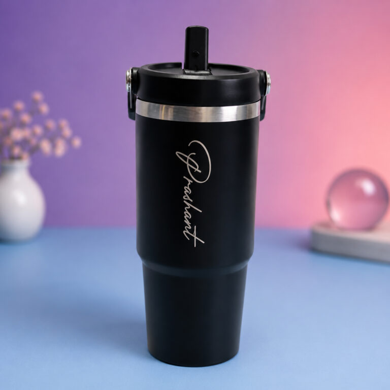 Personalized black insulated tumbler with engraved name and straw lid