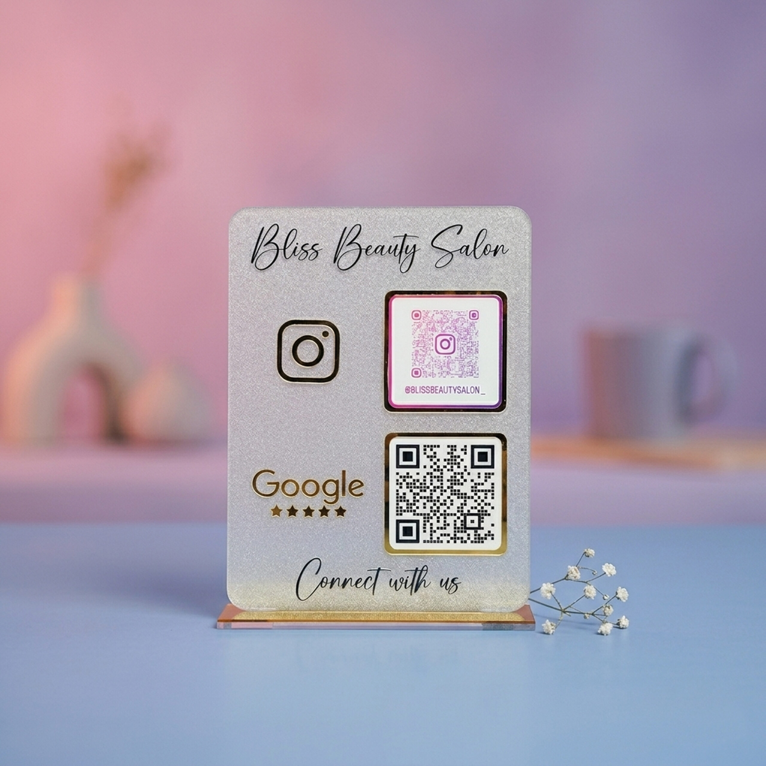 frosted qr standy Premium frosted acrylic QR standy with Instagram and Google review QR codes