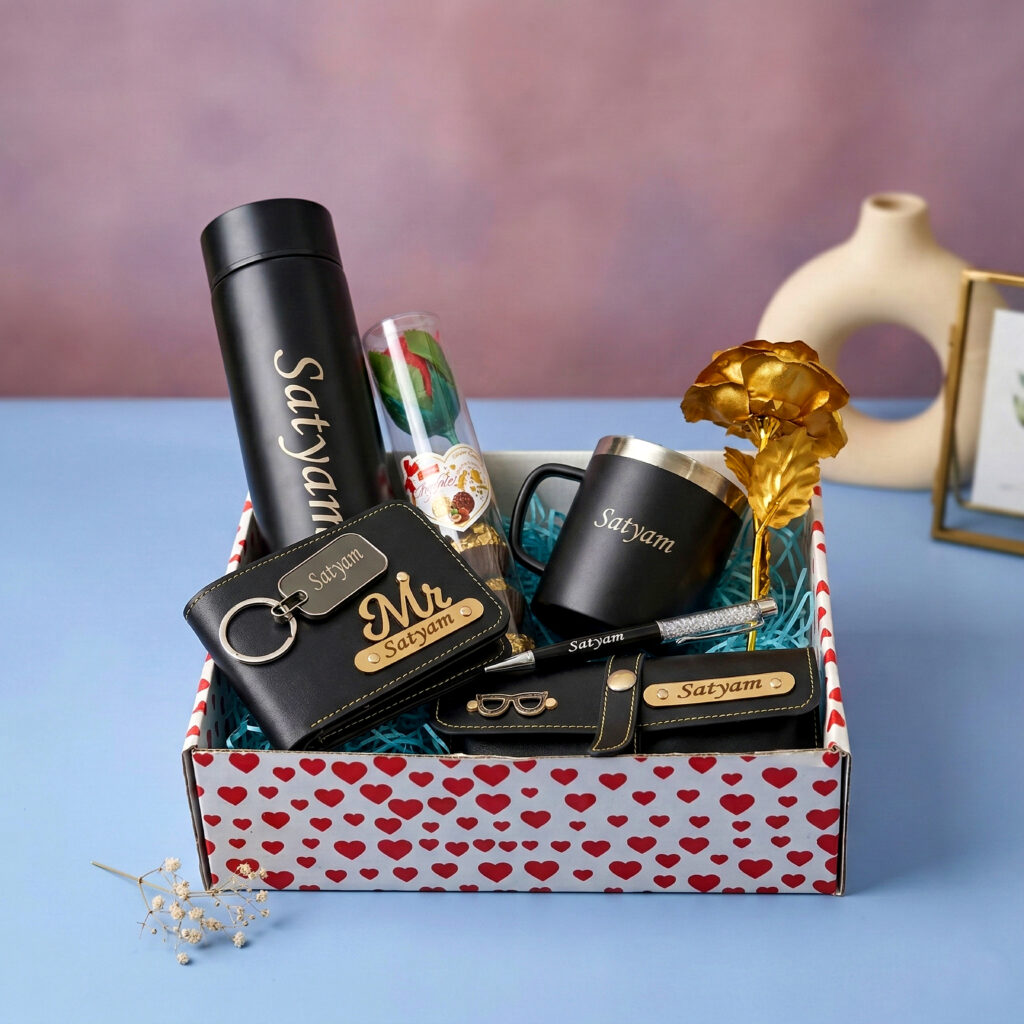 Premium personalized men’s gift hamper with bottle, wallet, mug and accessories in black box