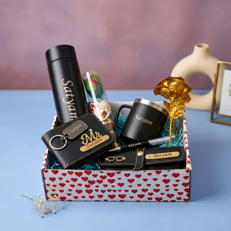 Premium personalized men’s gift hamper with bottle, wallet, mug and accessories in black box