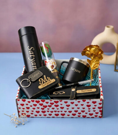 Premium personalized men’s gift hamper with bottle, wallet, mug and accessories in black box