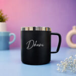 Personalized double wall stainless steel mug with custom name engraving in multiple colors