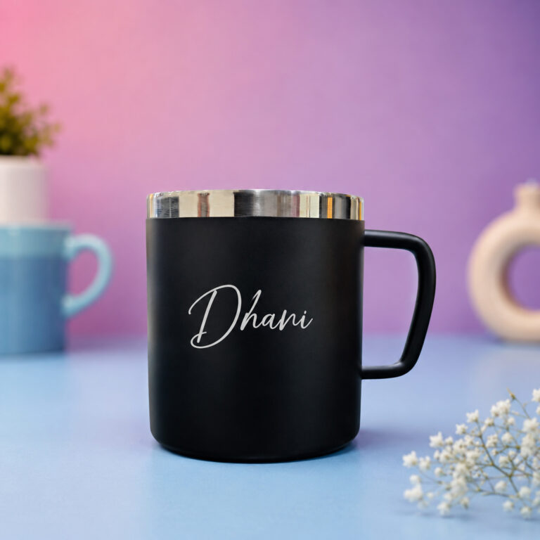 Personalized double wall stainless steel mug with custom name engraving in multiple colors