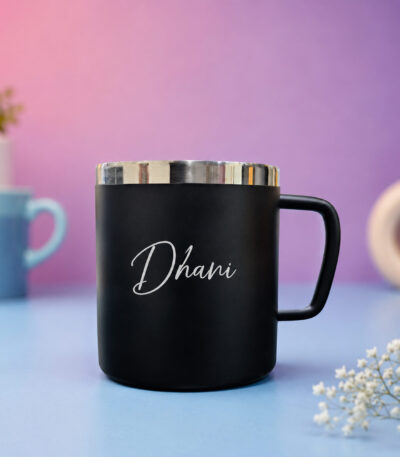 Personalized double wall stainless steel mug with custom name engraving in multiple colors