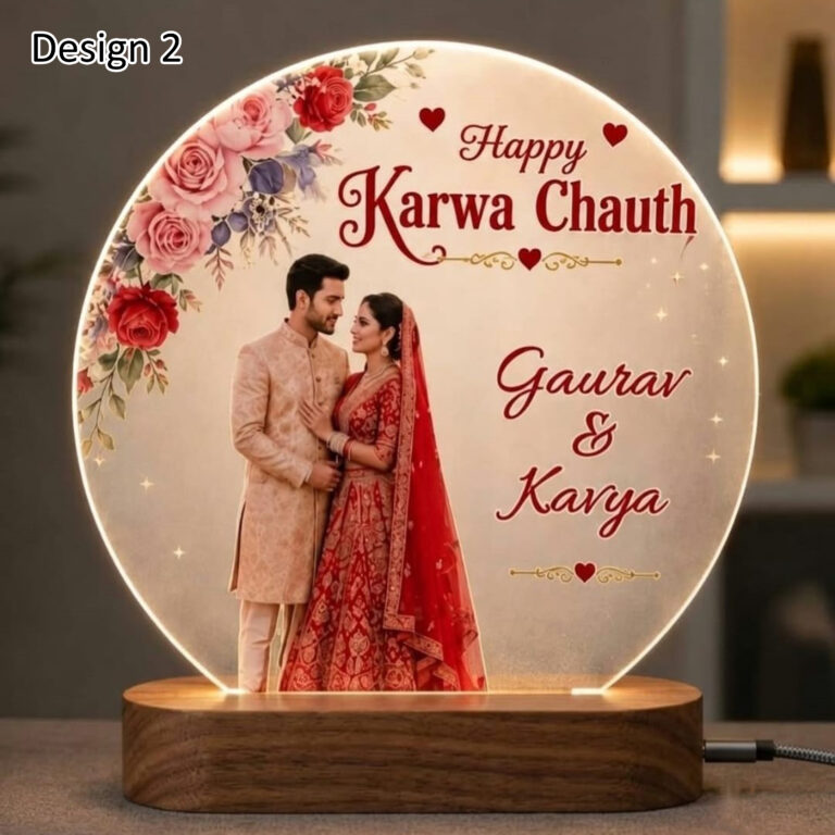 Personalized Karwa Chauth acrylic LED table top with couple names and beech wood stand