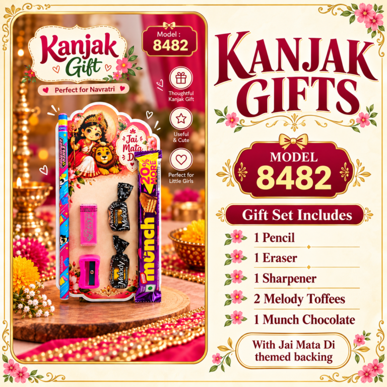 Kanjak Return Gift Set Model 8482 with Pencil, Eraser, Sharpener, Melody Toffees and Munch Chocolate
