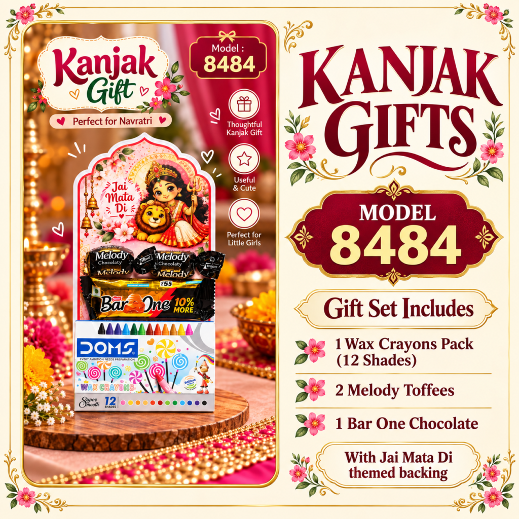 Kanjak Return Gift Set Model 8484 with DOMS 12 Shade Wax Crayons, 2 Melody Toffees and Bar One Chocolate on Jai Mata Di Themed Backing