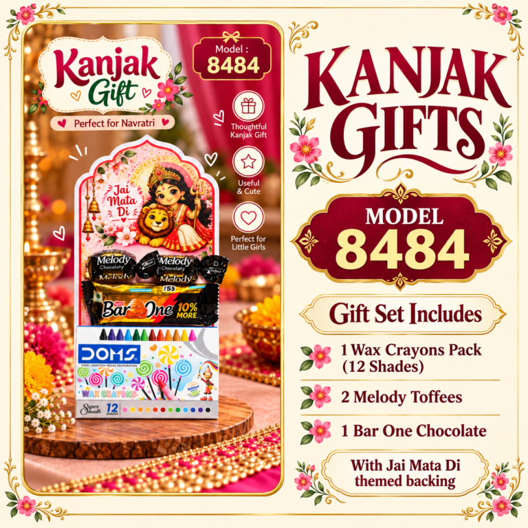 Kanjak Return Gift Set Model 8484 with DOMS 12 Shade Wax Crayons, 2 Melody Toffees and Bar One Chocolate on Jai Mata Di Themed Backing