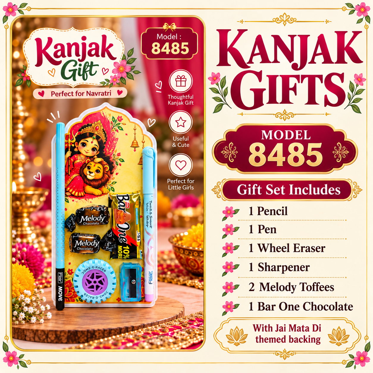 8485 Kanjak Return Gift Set Model 8485 with Pencil, Pen, Wheel Eraser, Sharpener, 2 Melody Toffees and Bar One Chocolate on Jai Mata Di Themed Backing