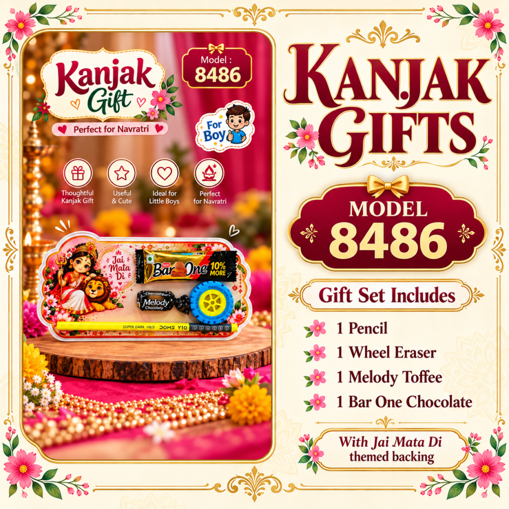 Kanjak Return Gift for Boys Model 8486 with Pencil, Wheel Eraser, Melody Toffee and Bar One Chocolate on Jai Mata Di Themed Backing