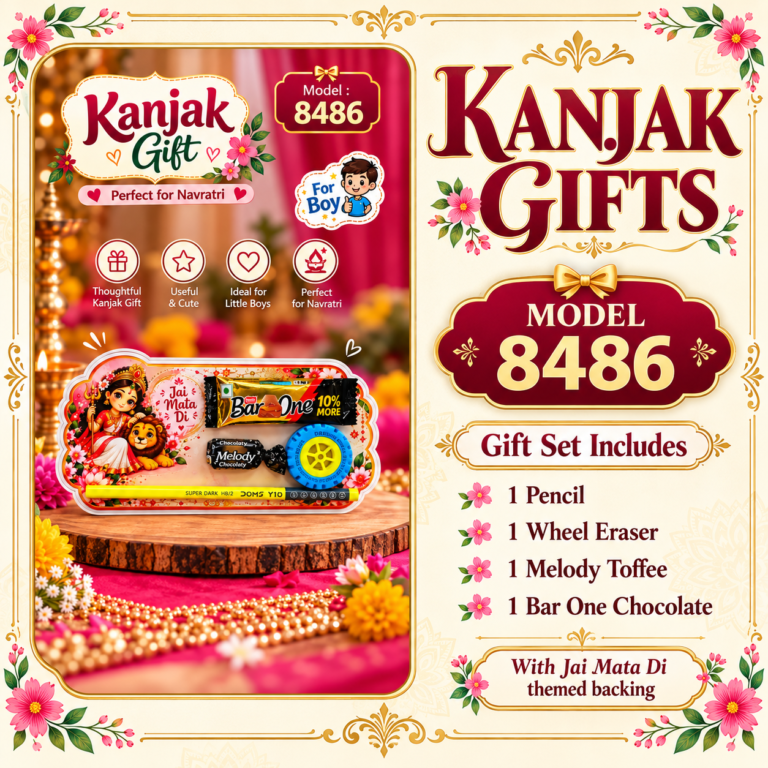 Kanjak Return Gift for Boys Model 8486 with Pencil, Wheel Eraser, Melody Toffee and Bar One Chocolate on Jai Mata Di Themed Backing