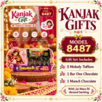 Kanjak Return Gift Set Model 8487 for Girls with 5 Melody Toffees, Bar One and Munch Chocolates on Jai Mata Di Themed Backing
