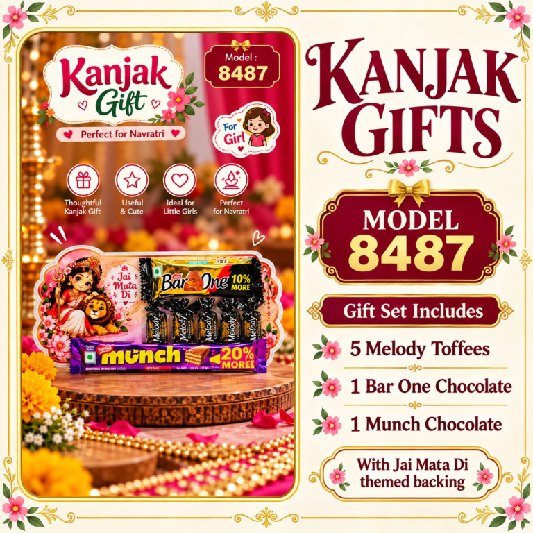 Kanjak Return Gift Set Model 8487 for Girls with 5 Melody Toffees, Bar One and Munch Chocolates on Jai Mata Di Themed Backing
