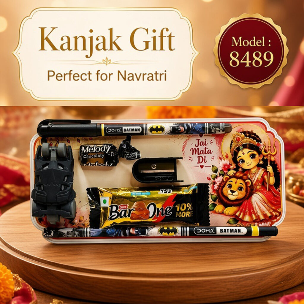 Kanjak Return Gift Set Model 8489 with Batman-Themed Stationery, Toy Car, Sharpener, Melody Toffee and Bar One Chocolate on Jai Mata Di Backing